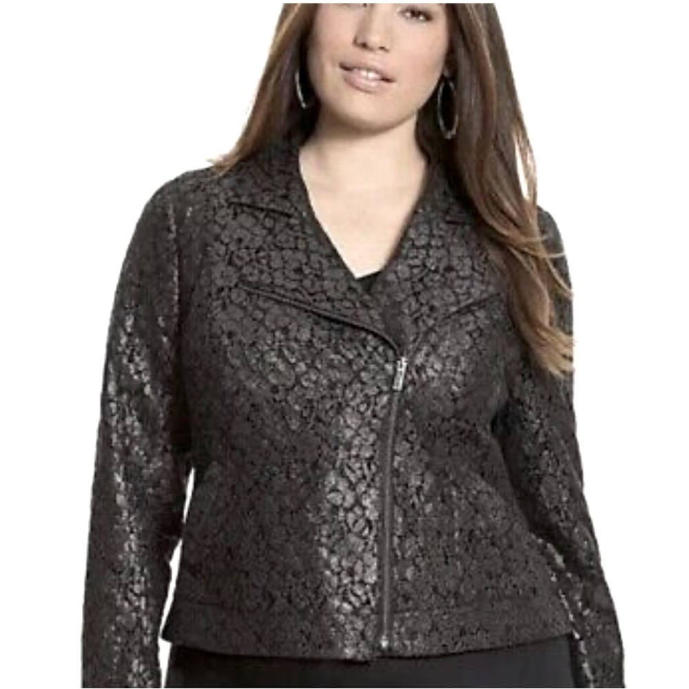 Lane Bryant Black Lace Metallic Moto Zip Lined Jacket